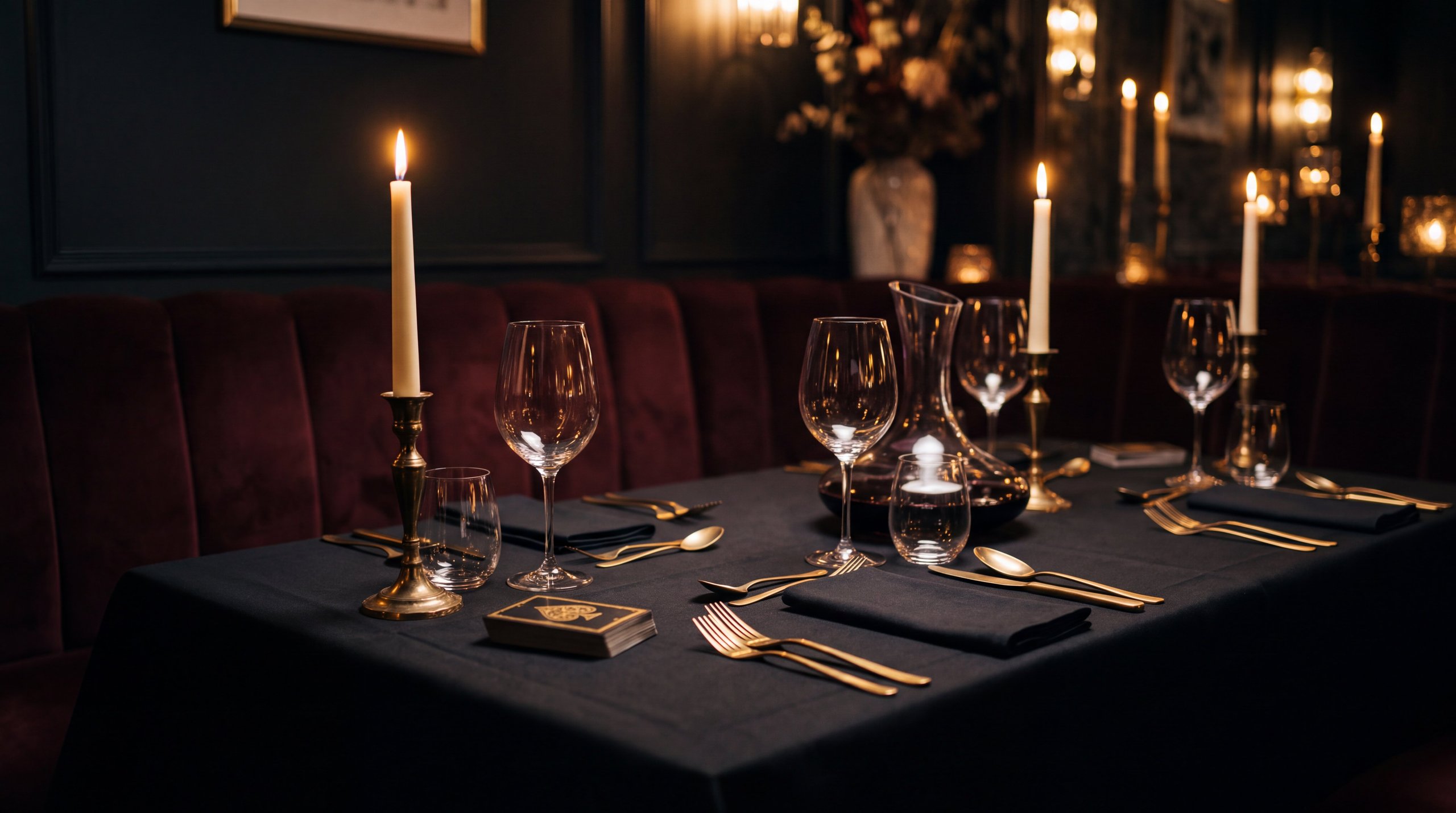 A candlelit dinner table, set for the evening